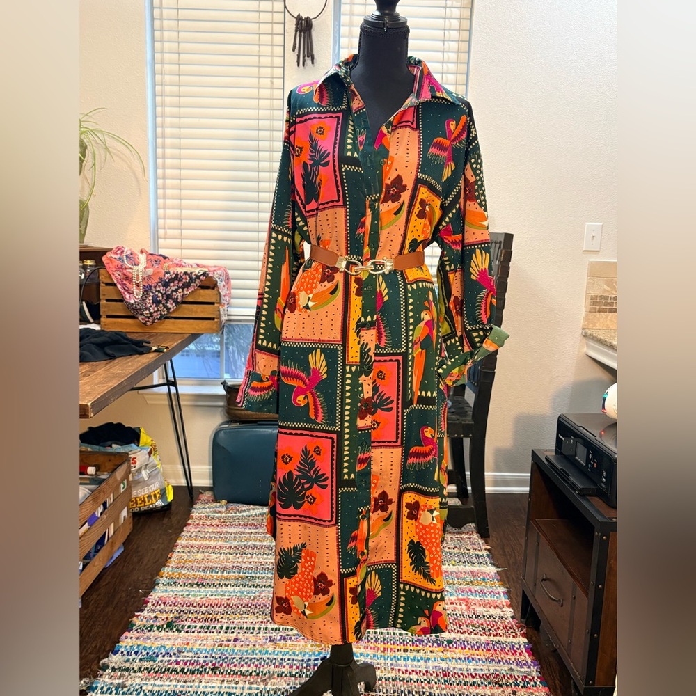 Midi Tropical bird Shirt Dress
